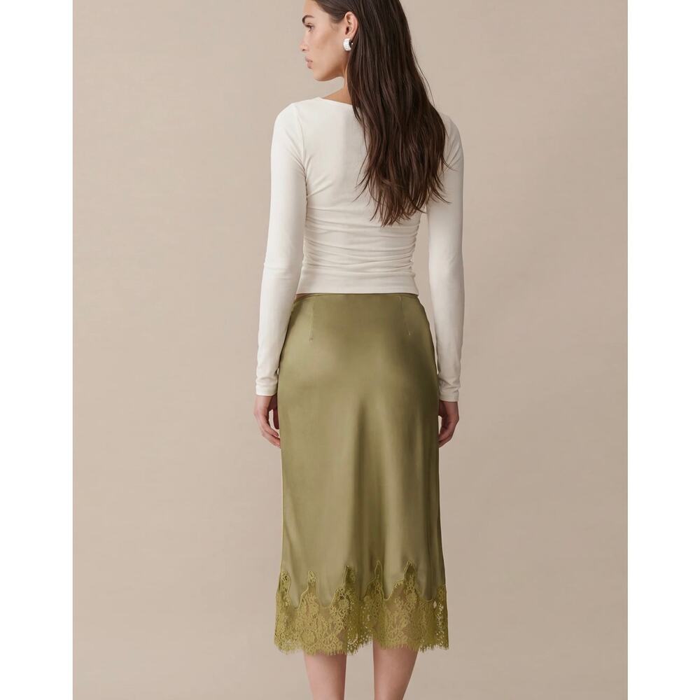 New Kourt Avery moss green satin skirt lace $172 sz S - Picture 2 of 6